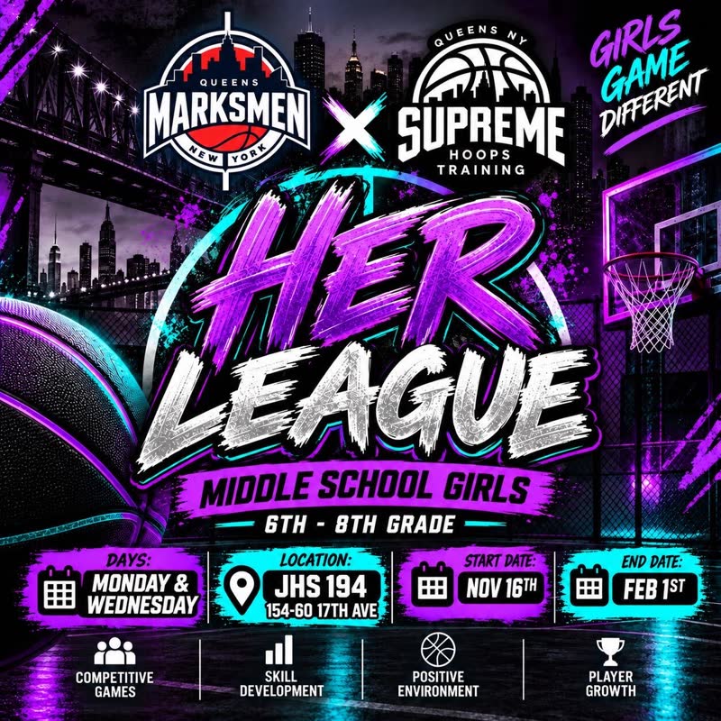 Her League flyer, middle school girls, 6th to 8th grade