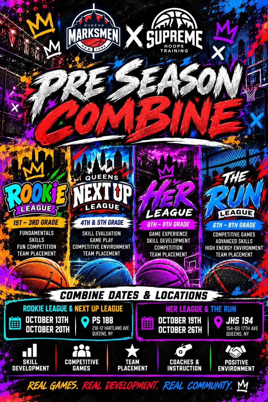 Pre Season Combine flyer: Queens Marksmen x Supreme Hoops Training. Rookie League, Next Up League, Her League and The Run League.
